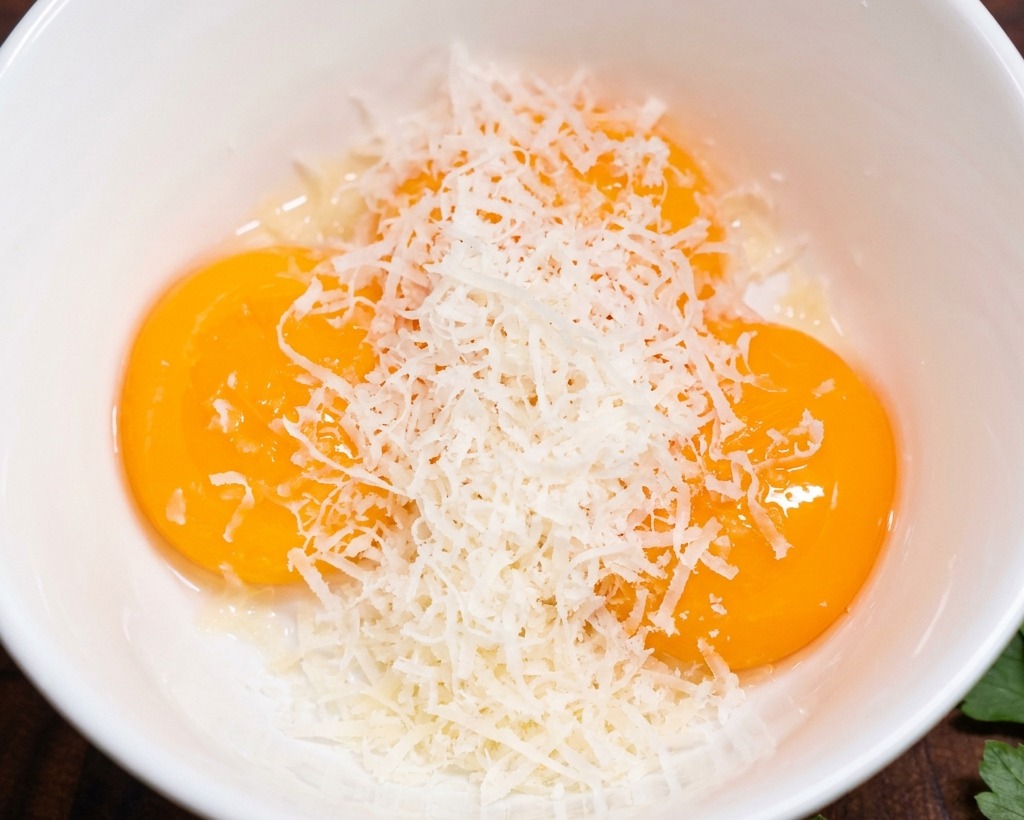 Ein Haufen fein geriebener Parmesan bedeckt die Eigelbe in einer Schüssel.
