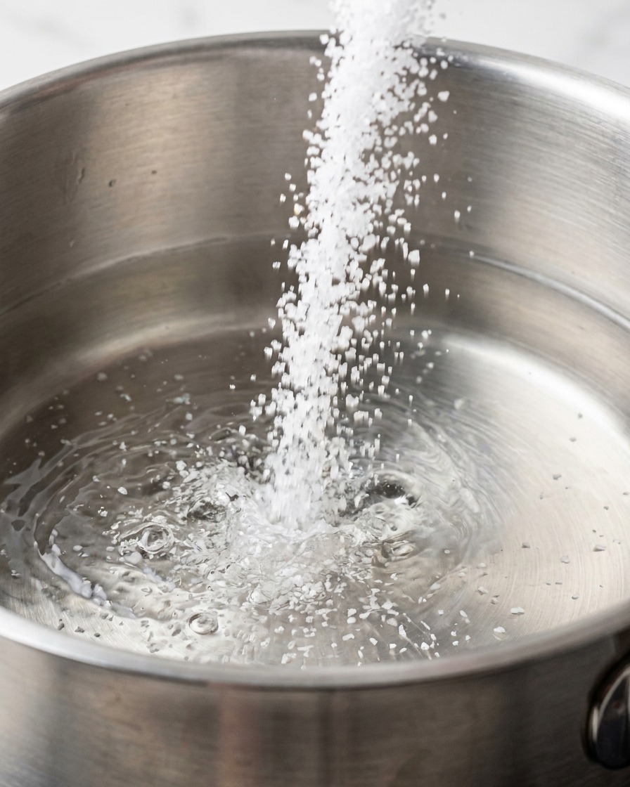 Meersalz wird in einen Topf mit kochendem, klarem Wasser geschüttet.