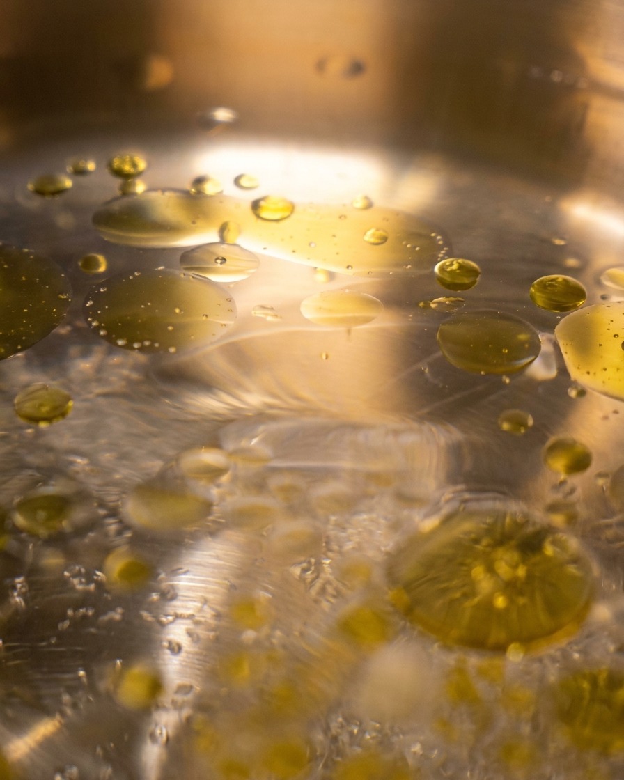 Goldene Olivenöltropfen schwimmen auf der Oberfläche von kochendem Wasser.