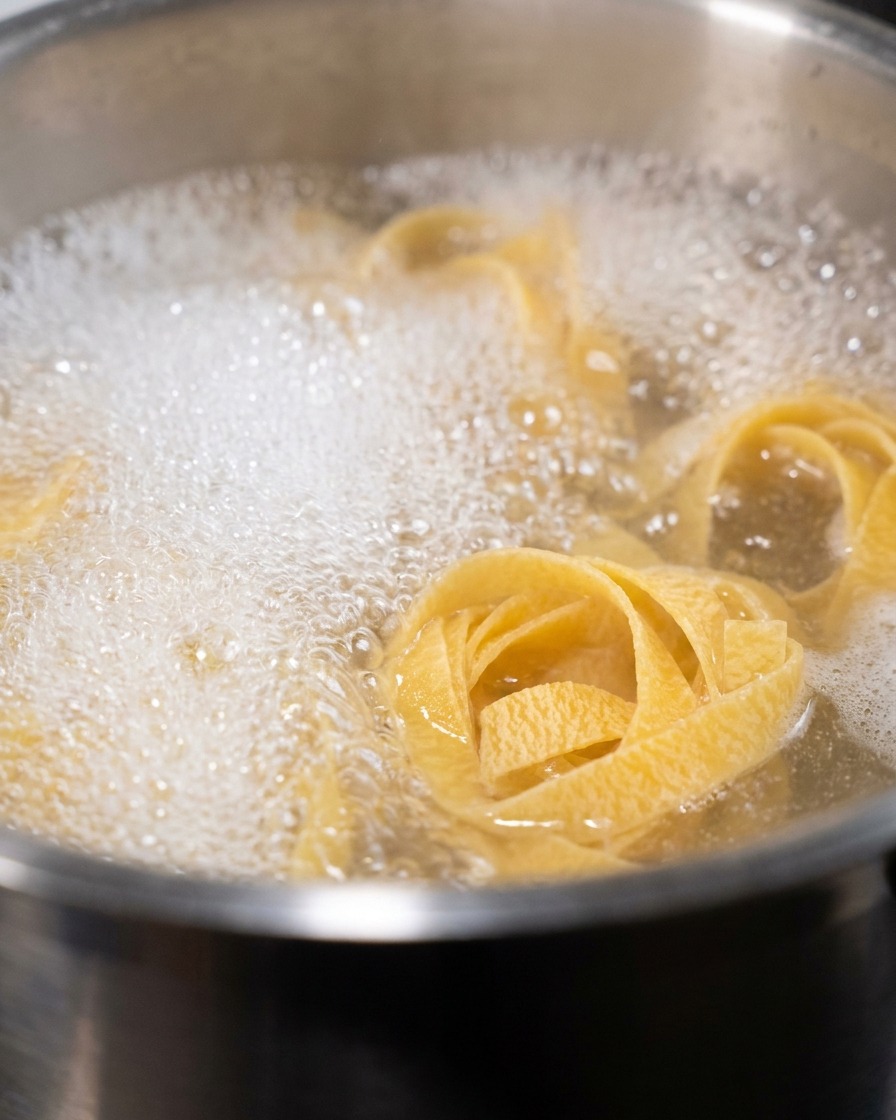 Nester aus Fettuccine-Nudeln kochen in einem Topf mit weißem Schaum auf der Oberfläche.