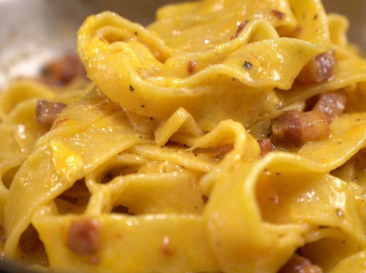 Nahaufnahme von breiten Nudeln in einer glänzenden Ei-Käse-Sauce mit Speck und Pfeffer.