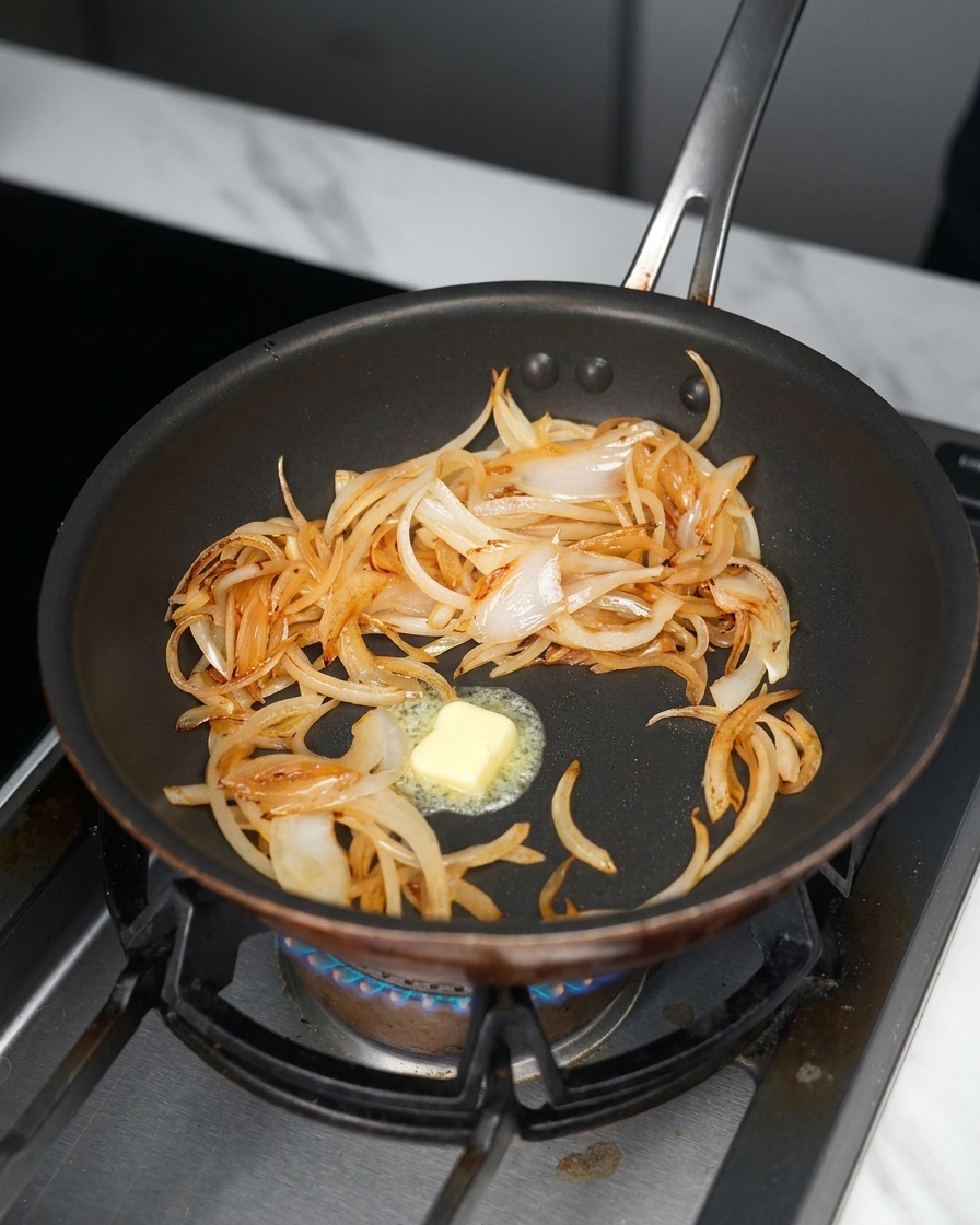 Gedünstete Zwiebeln in einer Antihaft-Pfanne, in deren Mitte ein Stück gelbe Butter über einer Gasflamme schmilzt.