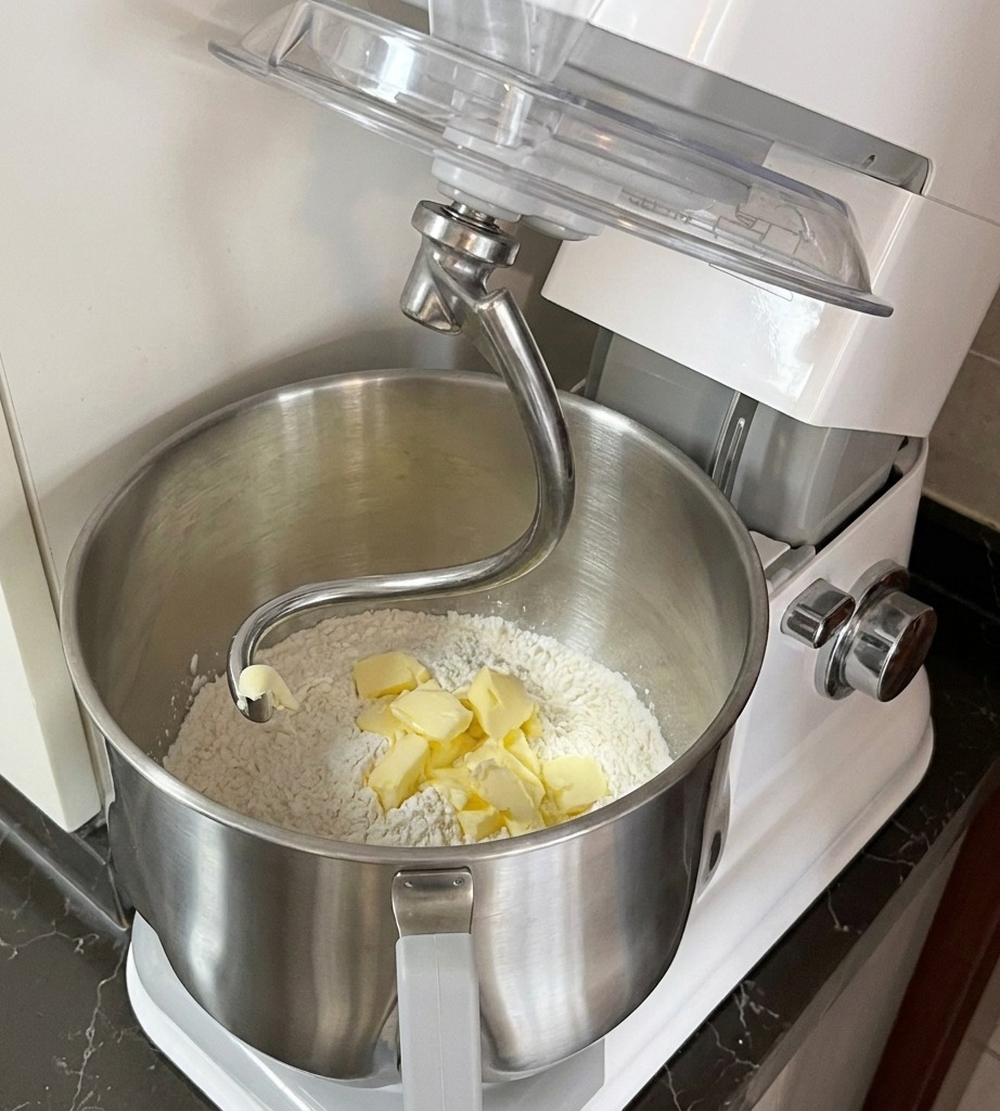 Gelbe Butterwürfel liegen auf hellem Teig in der Edelstahlschüssel einer Küchenmaschine.