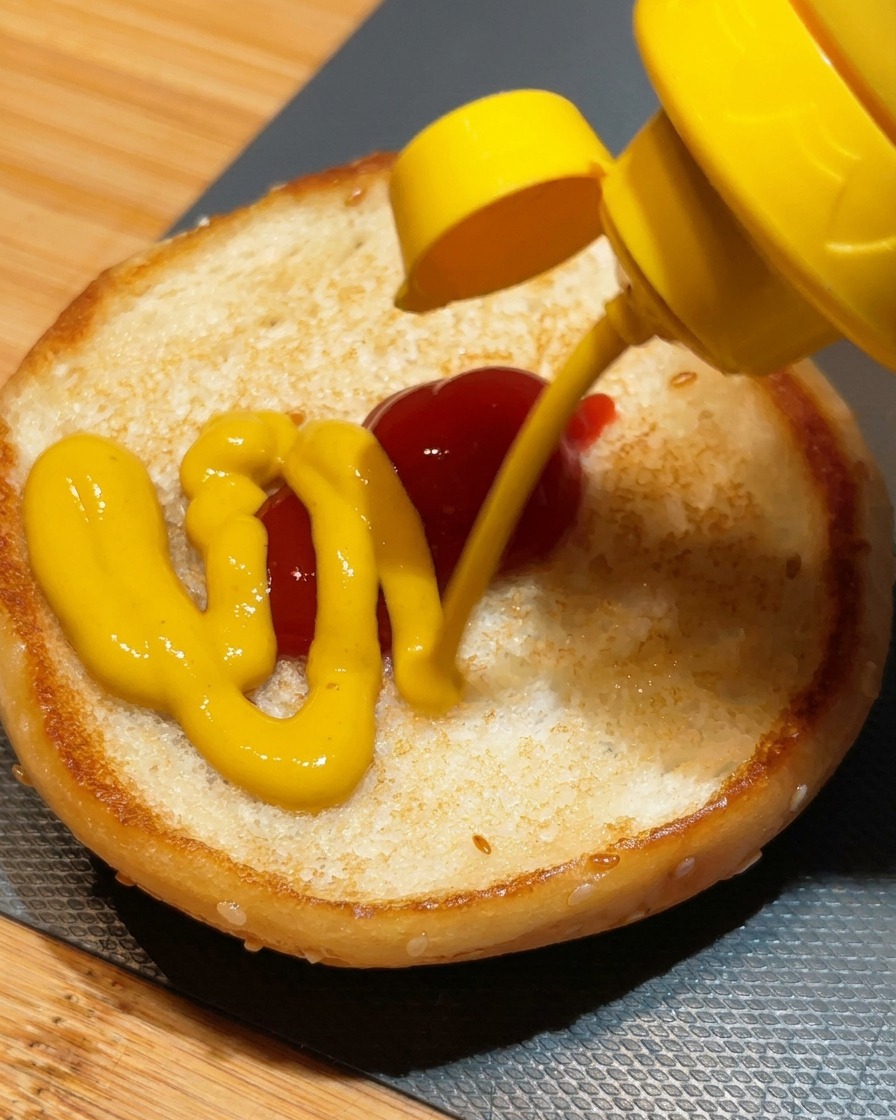 Gelber Senf wird auf einen Klecks Ketchup auf der getoasteten unteren Brötchenhälfte gegeben.