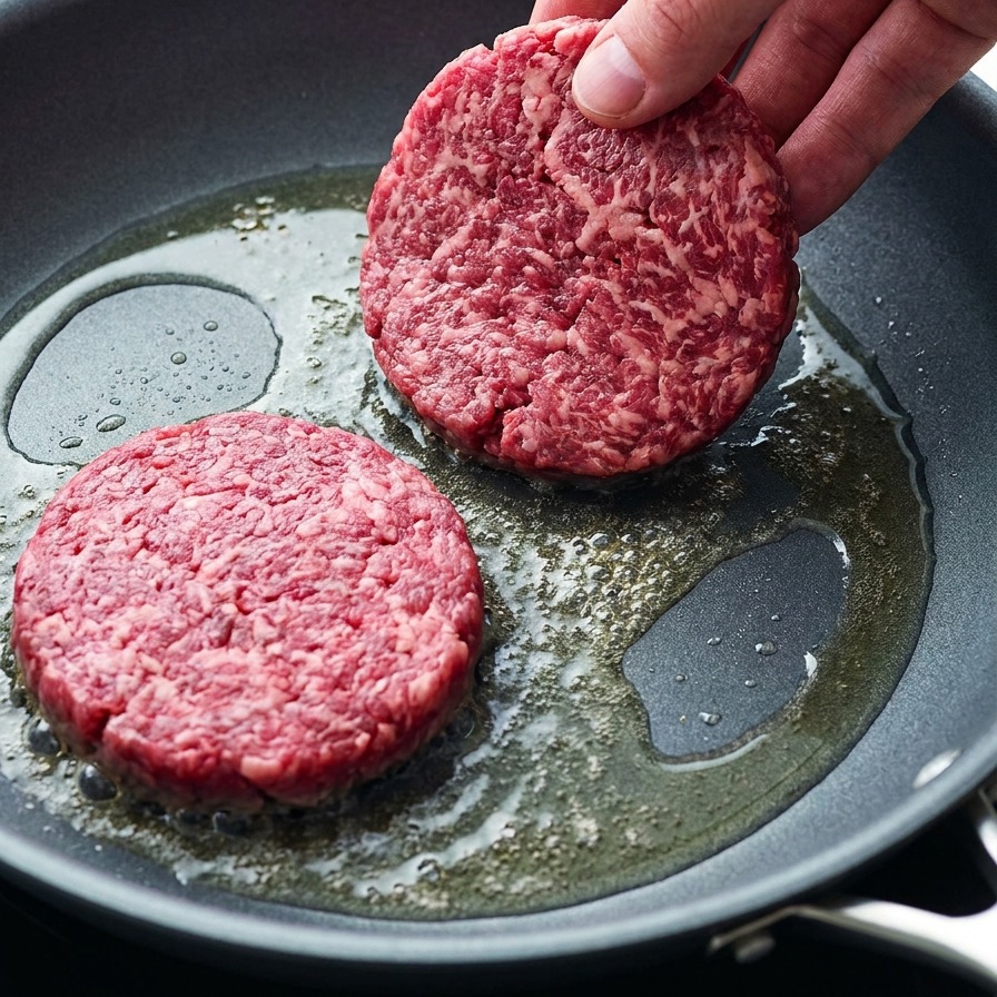 Eine Hand legt rohe Rinder-Patties in eine heiße Pfanne mit geschmolzener Butter.