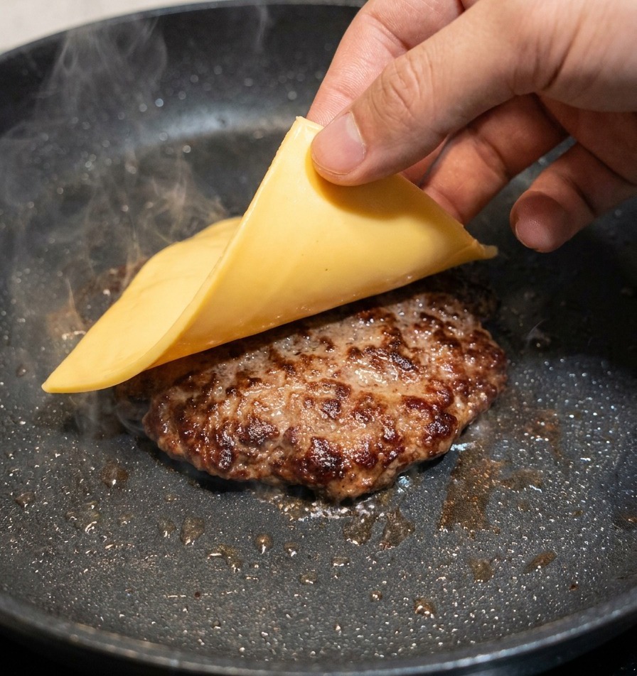 Eine Hand legt eine quadratische Scheibe gelben Käse auf ein brutzelndes Rinder-Patty in der Pfanne.