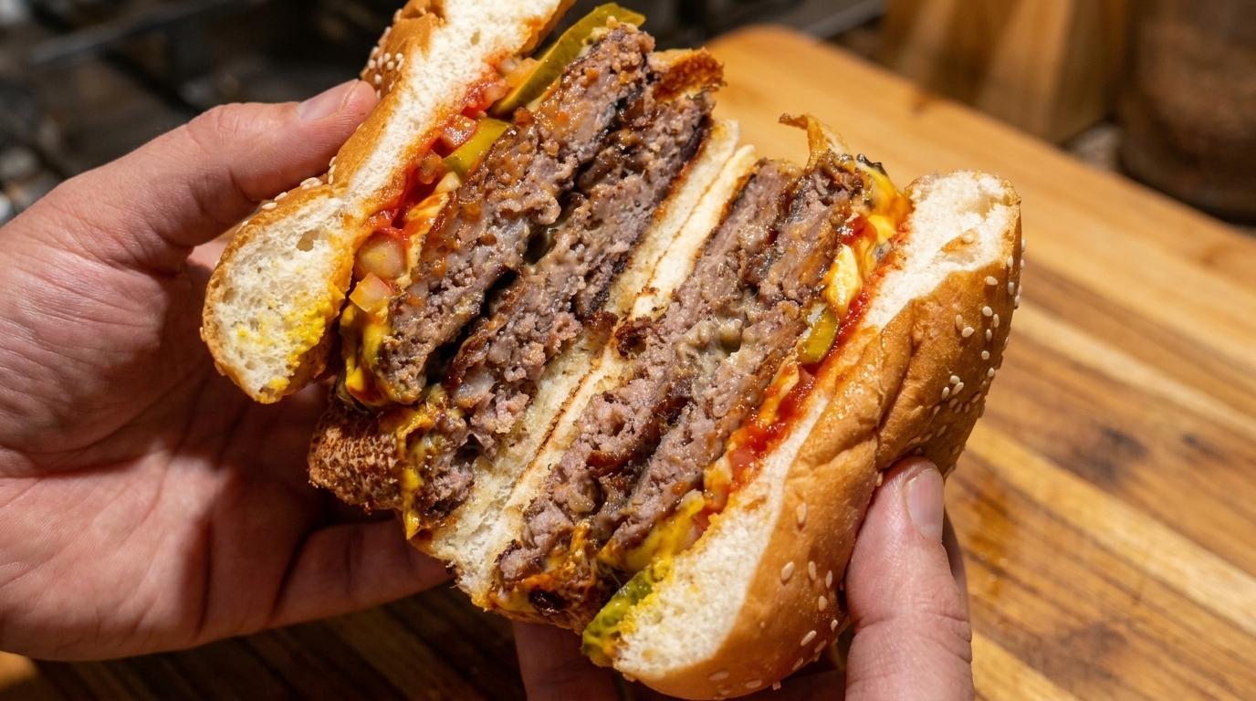 Ein aufgeschnittener Double Cheeseburger zeigt saftiges Rindfleisch und perfekt geschmolzene Schichten aus gelbem Käse.