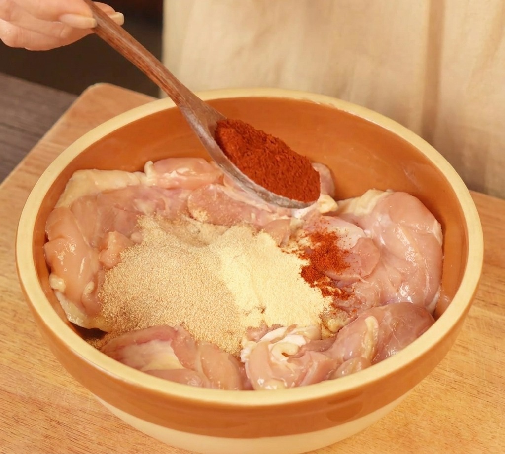 Rohe Hähnchenoberkeulen in einer beigen Schüssel werden mit Paprikapulver, Knoblauch- und Zwiebelpulver bestreut.
