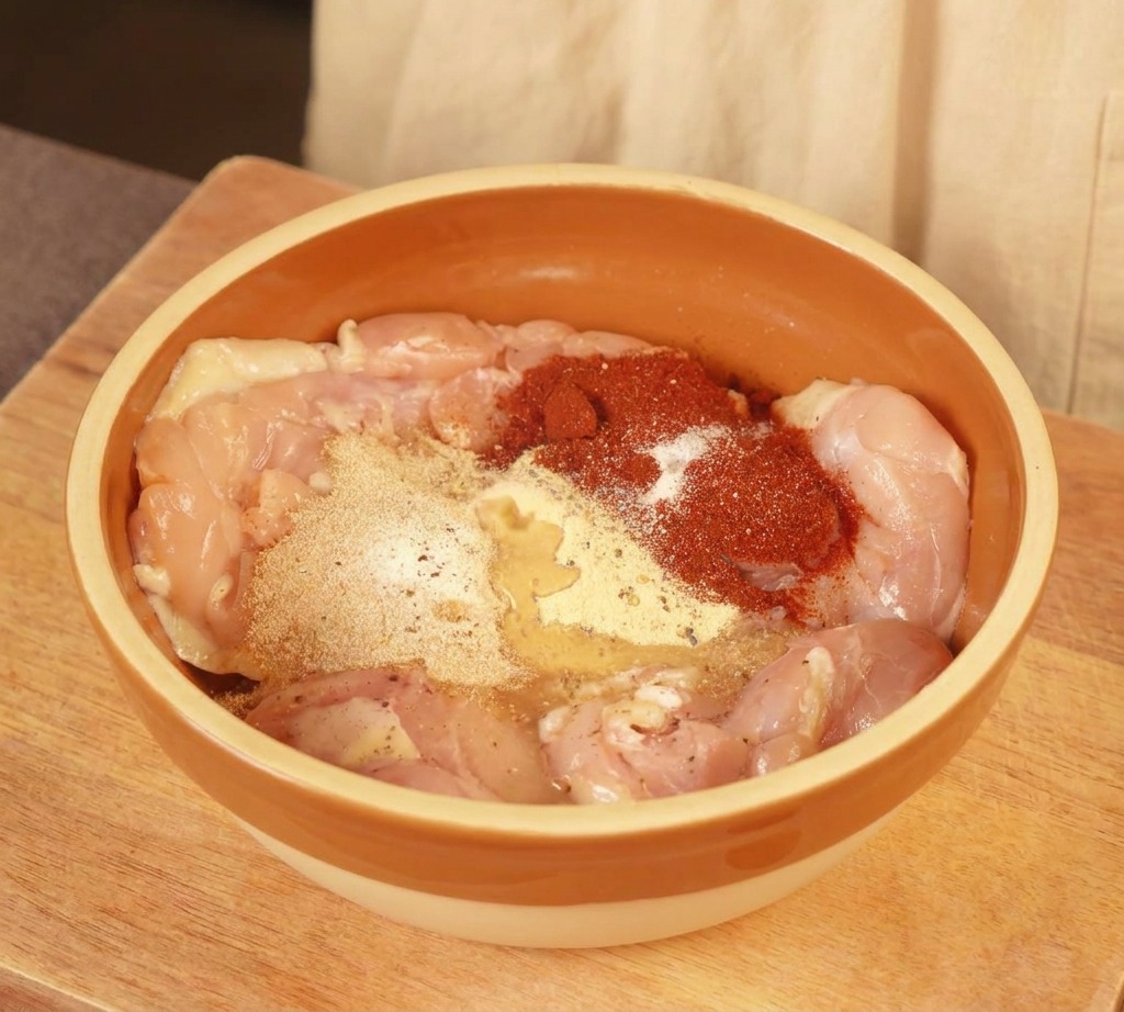 Frische Milch wird über das gewürzte Hähnchen gegossen und vermischt sich mit den roten und beigen Gewürzen.