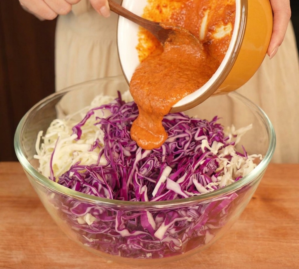 Das orangefarbene Dressing wird über eine große Glasschüssel mit fein geraspeltem Rot- und Weißkohl gegossen.