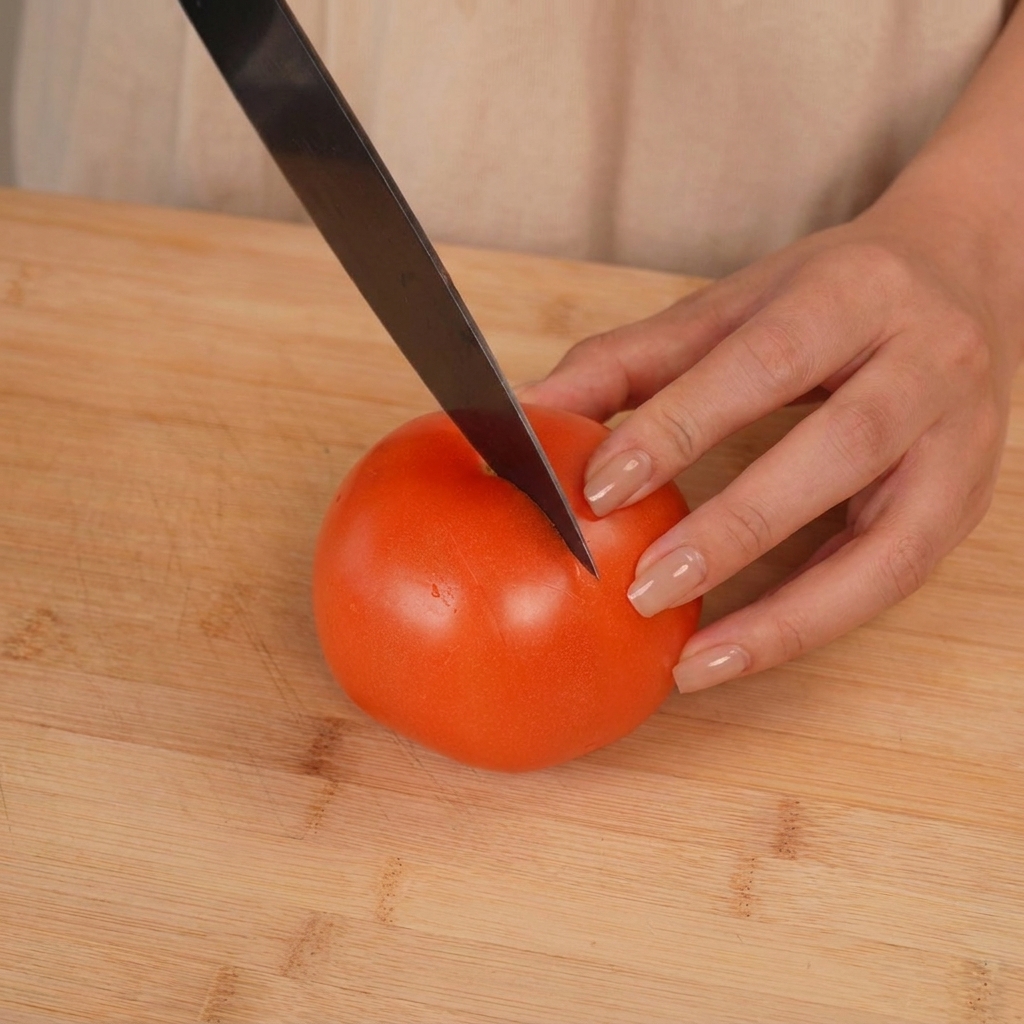 Eine Hand schneidet mit einem Küchenmesser ein Kreuz in die Haut einer roten Tomate auf einem Holzbrett.