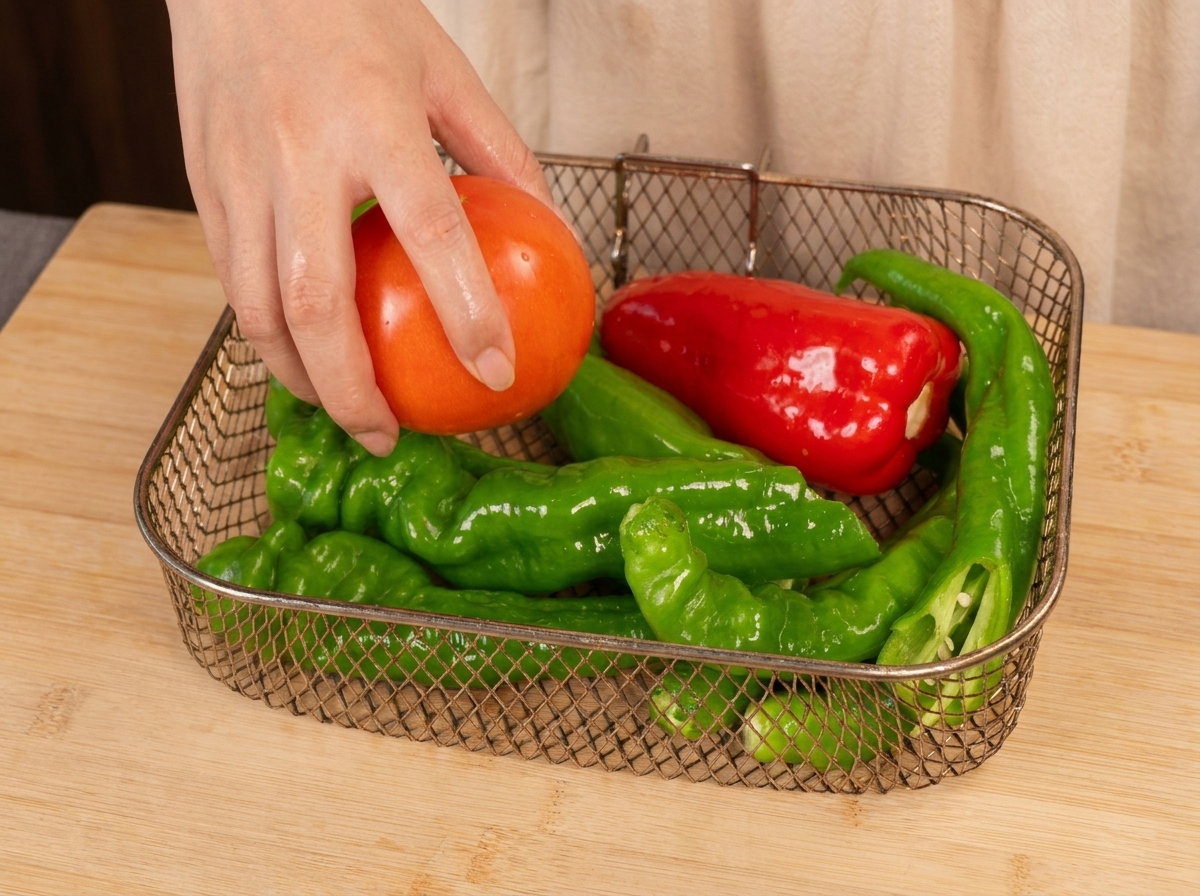 Eine Hand legt eine ganze rote Tomate in einen Airfryer-Korb zu den bereits vorbereiteten Paprikaschoten.