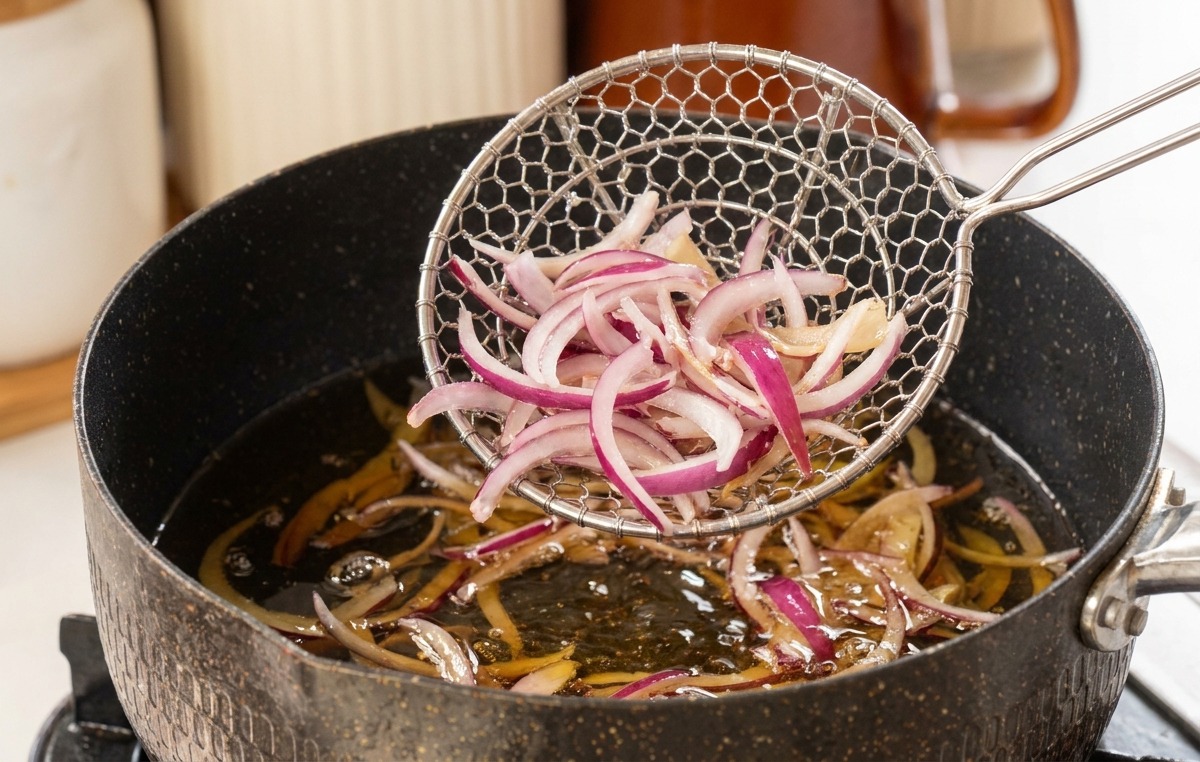 Dünne rote Zwiebelringe werden mit einem Schaumlöffel vorsichtig in einen Topf mit heißem Öl gegeben.