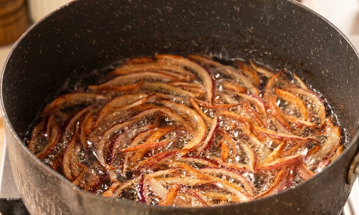 Rote Zwiebelringe sprudeln in heißem Öl und nehmen eine dunkelgoldene Farbe an.