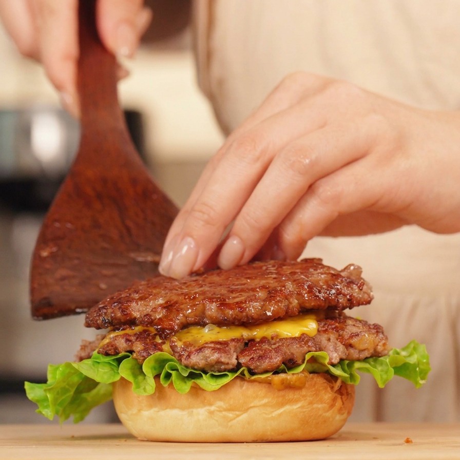 Mehrere Fleisch-Patties mit geschmolzenem Käse werden auf ein getoastetes Bun mit Salat gestapelt.