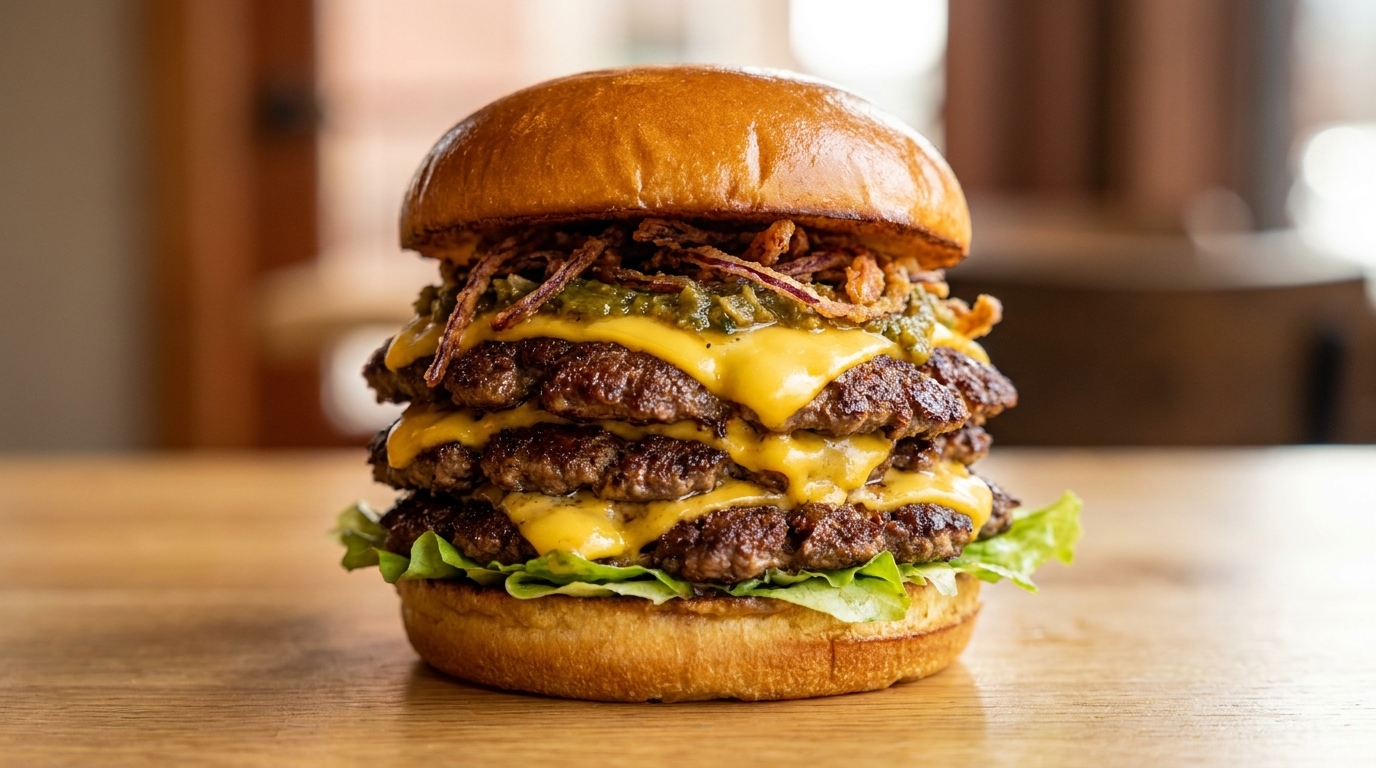 Triple Smash Burger mit gerösteter Paprikasauce & knusprigen Zwiebeln