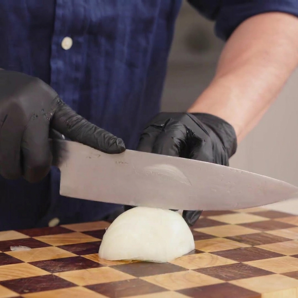 Nahaufnahme einer Person mit schwarzen Handschuhen, die eine weiße Zwiebel auf einem Holzbrett in feine Streifen schneidet.