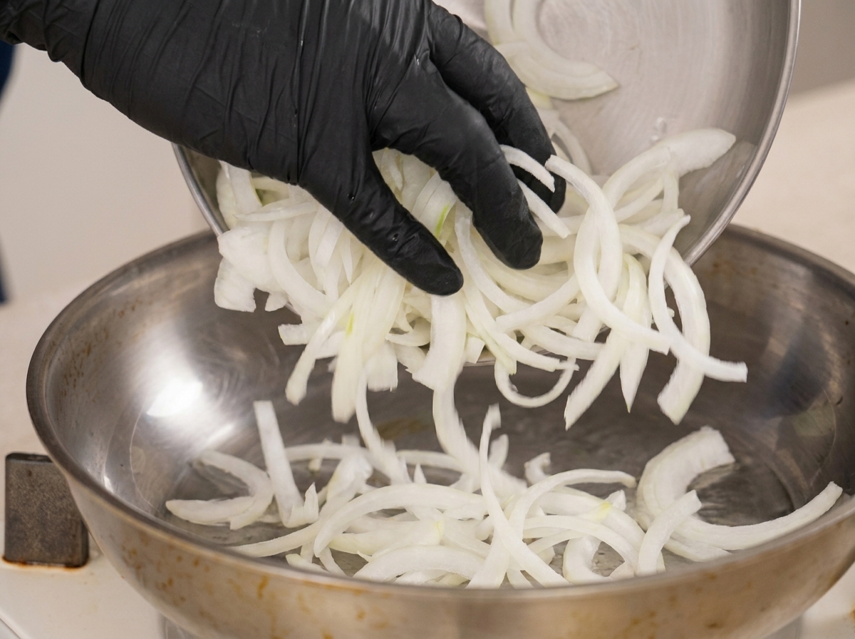 Fein geschnittene rohe weiße Zwiebeln werden aus einer Metallschüssel in eine vorgeheizte Edelstahlpfanne gegeben.