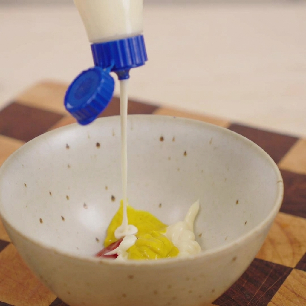Ein Klecks cremiges weißes Dressing landet auf gelbem Senf und rotem Ketchup in einer kleinen Keramikschüssel.
