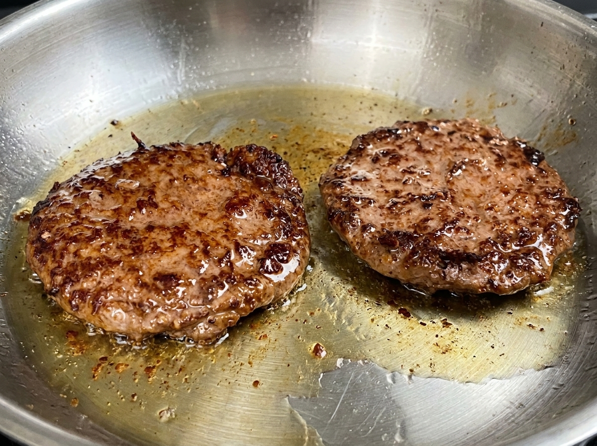 Zwei dicke Wagyu-Patties braten in einer Pfanne und zeigen eine dunkelbraune karamellisierte Kruste auf der Oberseite.