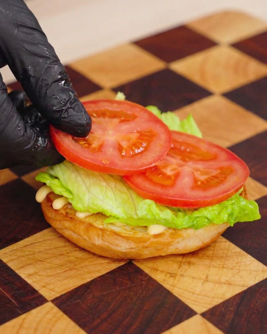 Eine Hand legt eine dünne Tomatenscheibe auf eine Schicht grünen Salat auf einem getoasteten Burger-Brötchen.