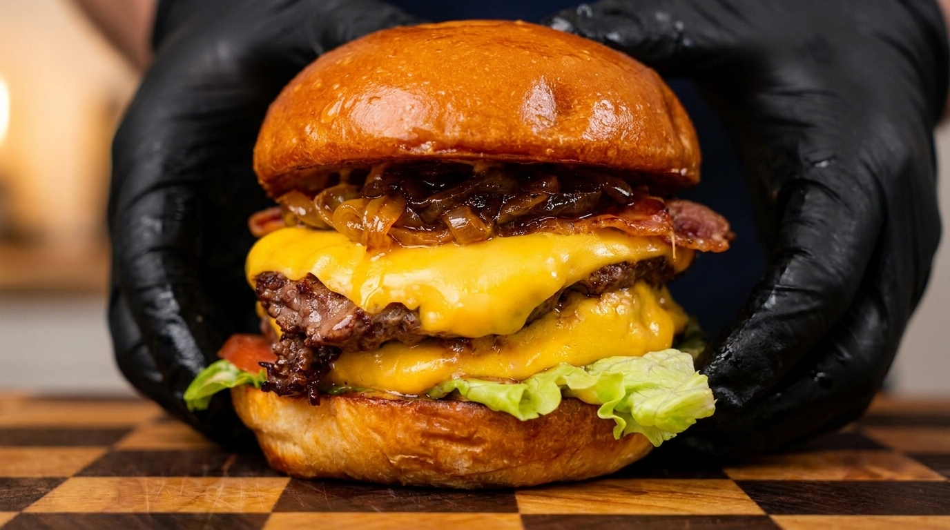 Gourmet Double-Wagyu-Burger mit karamellisierten Zwiebeln