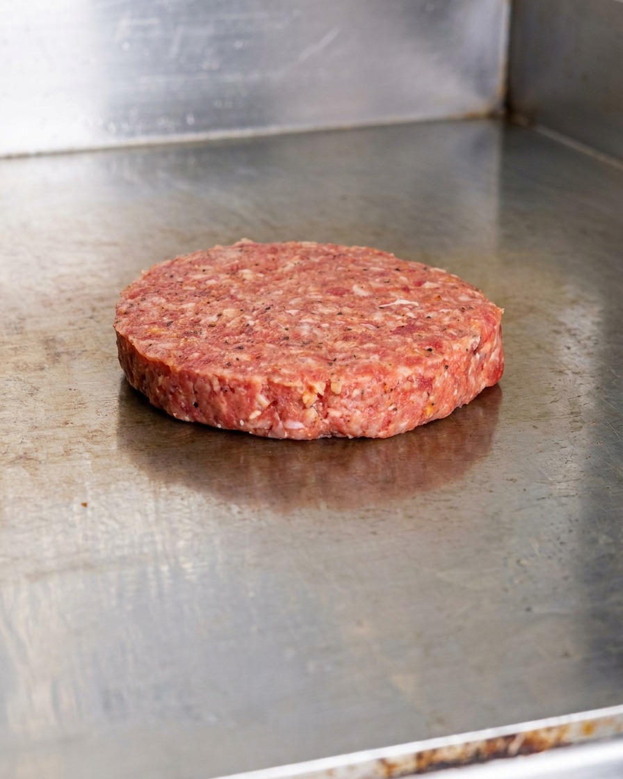 Ein rohes, gewürztes Rinder-Patty auf einer sauberen, heißen Edelstahl-Grillplatte.