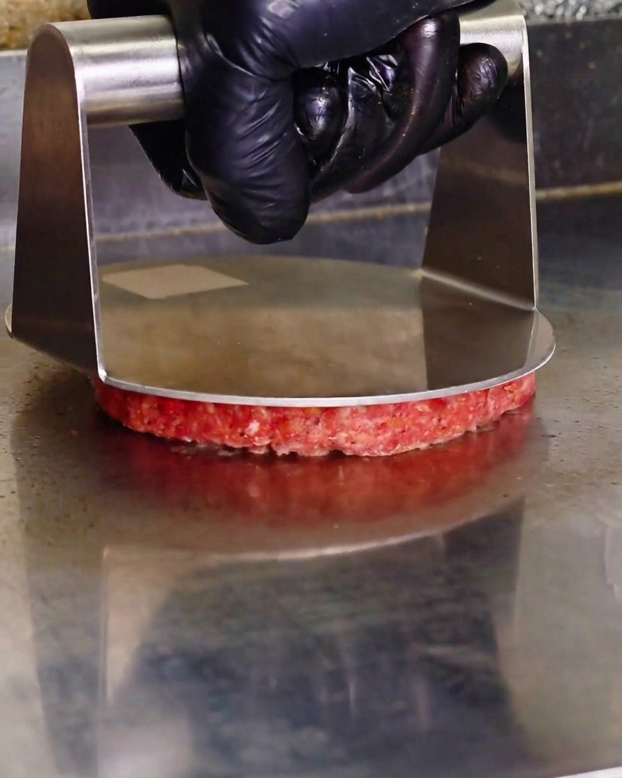 Eine Person mit schwarzem Handschuh nutzt eine Burgerpresse, um das Fleisch auf der Platte flach zu drücken.