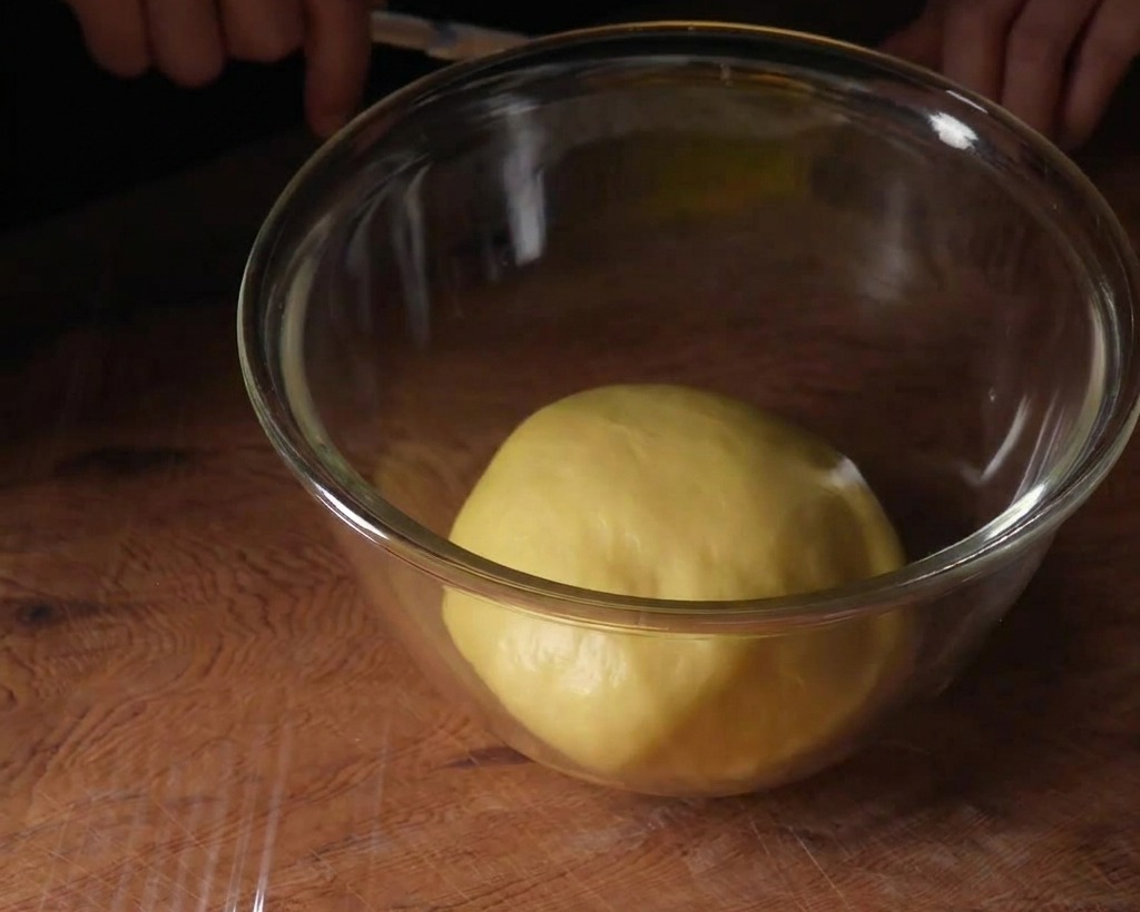 Ein glatter, runder Teigball liegt in einer großen Glasschüssel auf einer Holzoberfläche.