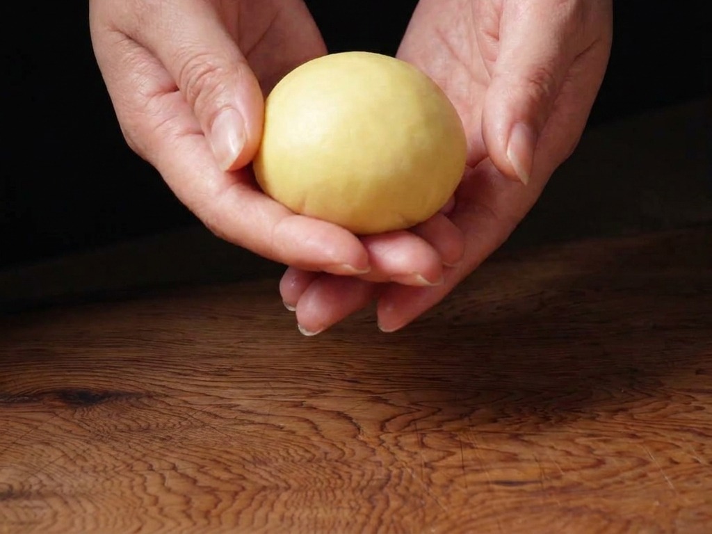 Zwei Hände formen behutsam einen kleinen, glatten Briocheteig-Ball auf einer Holzfläche.