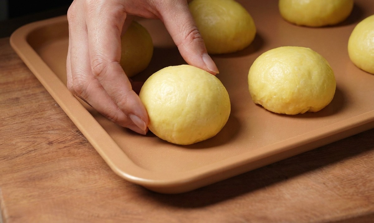 Eine Hand legt einen Teigling auf ein goldenes Backblech neben andere vorbereitete Buns.