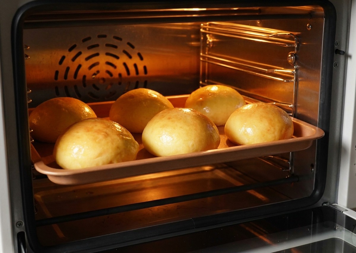 Sechs goldbraune Burger Buns backen auf einem Blech in einem hell erleuchteten Backofen.