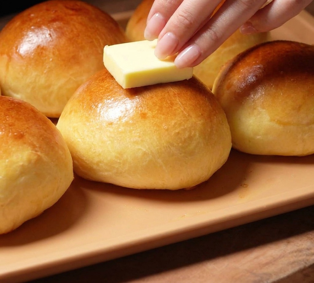 Ein Stück Butter wird über die dampfende Oberseite eines frisch gebackenen Brioche-Buns gerieben.
