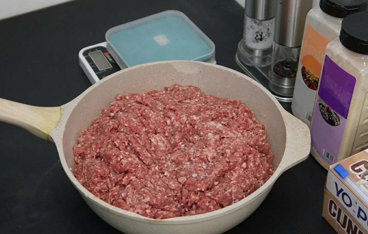 Eine große Pfanne mit rohem Rinderhackfleisch auf einer dunklen Küchenarbeitsplatte, daneben Gewürzbehälter und eine Waage.