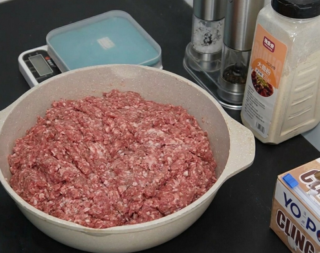 Rohes Rinderhackfleisch in einer Keramikpfanne, daneben Gewürzdosen und eine Küchenwaage auf der Arbeitsplatte.