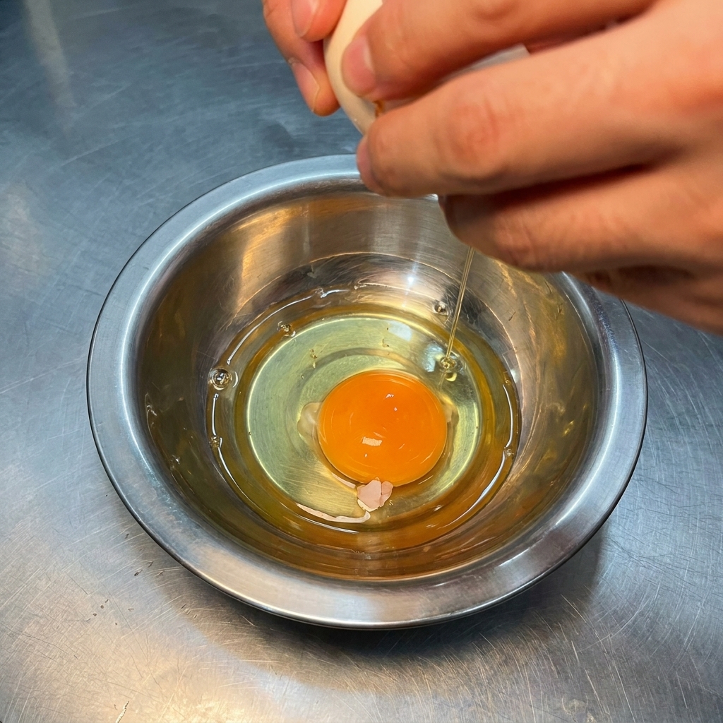Hände schlagen ein rohes Ei in eine Edelstahlschüssel auf, in der sich bereits ein Eigelb befindet.