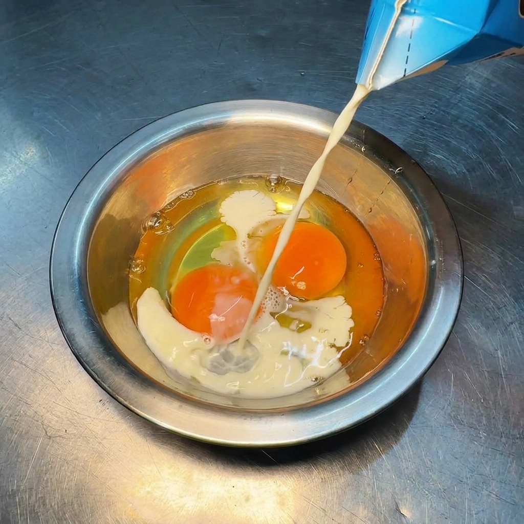 Milch wird aus einem blauen Karton in eine Edelstahlschüssel mit rohen Eiern gegossen.