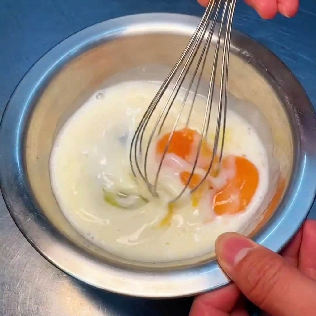 Eine Hand verquirlt die Ei-Milch-Mischung kräftig mit einem Schneebesen in einer Metallschüssel.