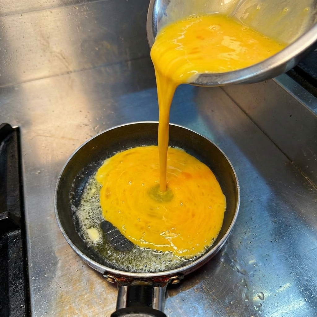 Glatte, hellgelbe Eimasse wird aus einer Edelstahlschüssel in eine heiße Pfanne mit geschmolzener Butter gegossen.