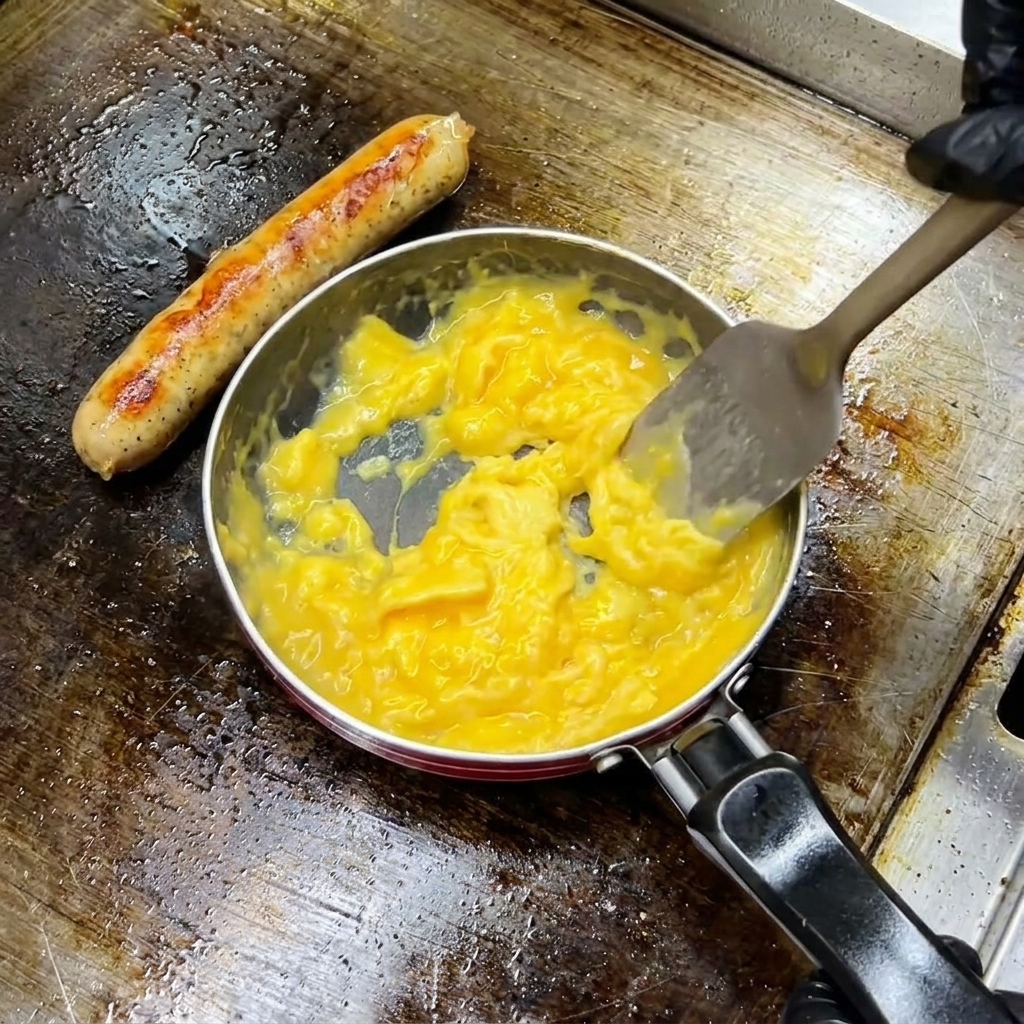 Eine Hand mit schwarzem Handschuh schiebt das leicht stockende Rührei mit einem Pfannenwender vorsichtig zur Mitte.