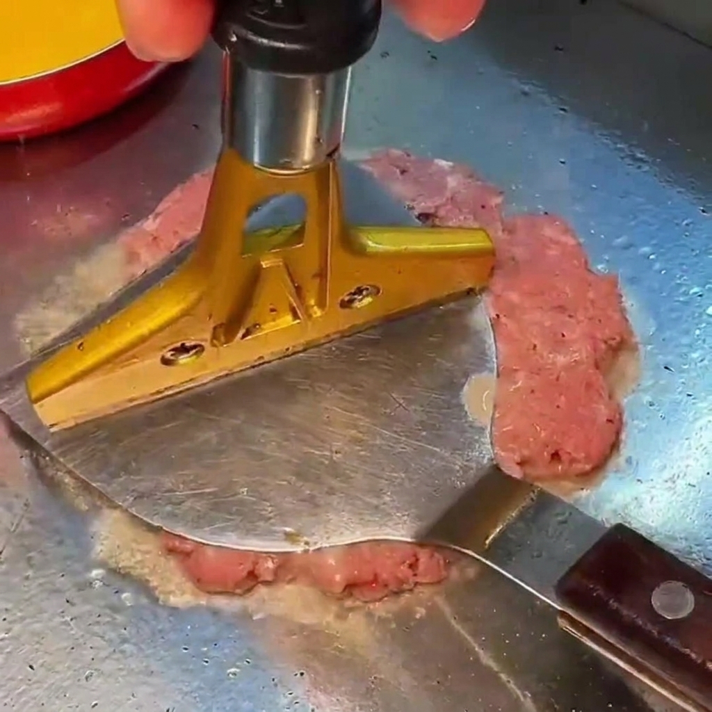 Eine schwere goldene Fleischpresse drückt fest auf eine Portion rohes Rinderhack auf einem heißen Grill.
