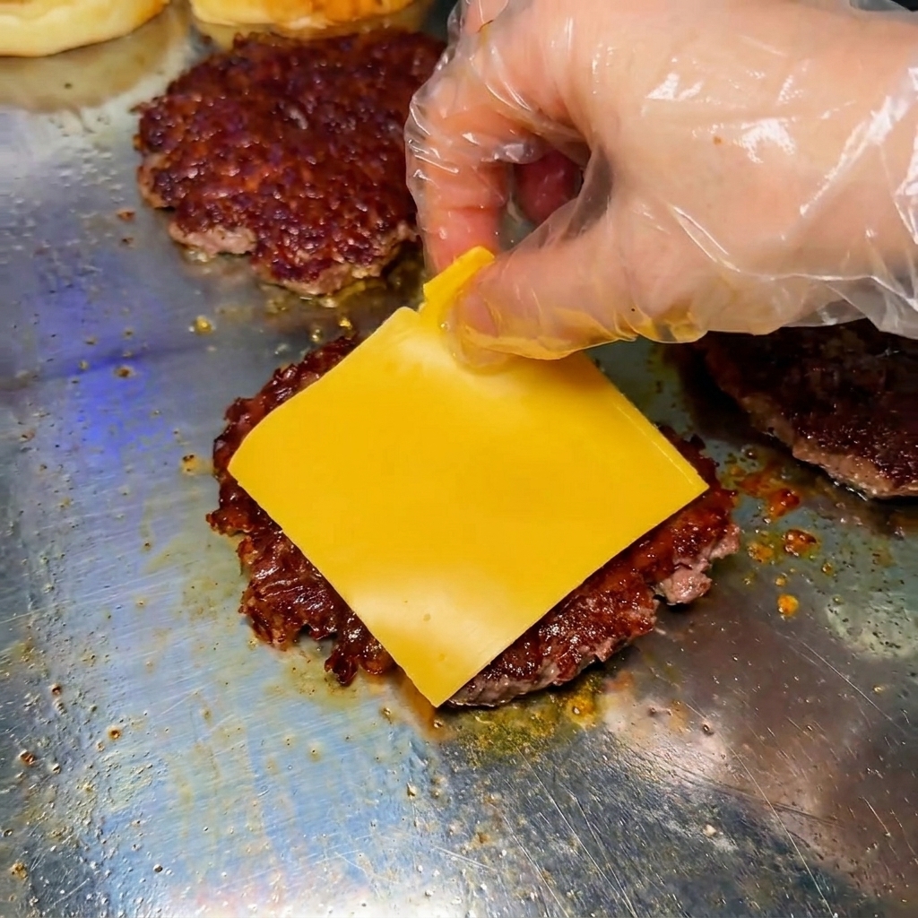 Eine behandschuhte Hand legt eine Scheibe gelben Käse auf ein fertiges Rindfleisch-Patty auf dem Grill.