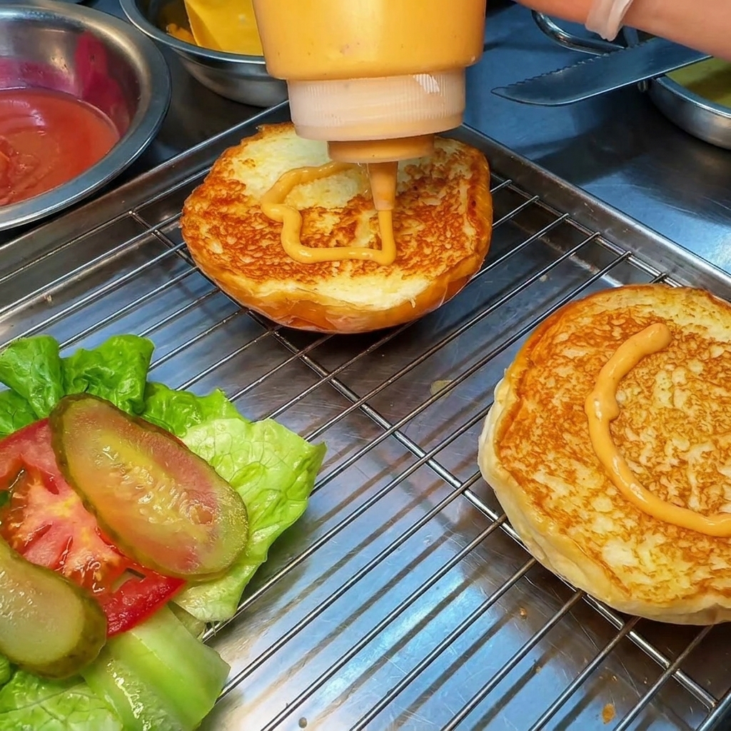Orangefarbene Burgersauce wird aus einer Flasche auf getoastete Brötchenhälften auf einem Gitter gegeben.