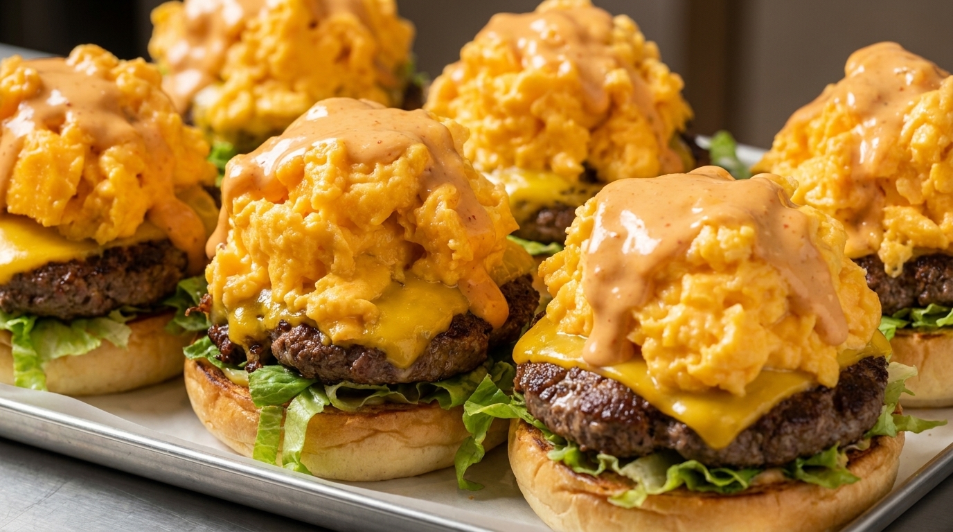 Der ultimative Burger mit cremigen Rühreiern und Käse