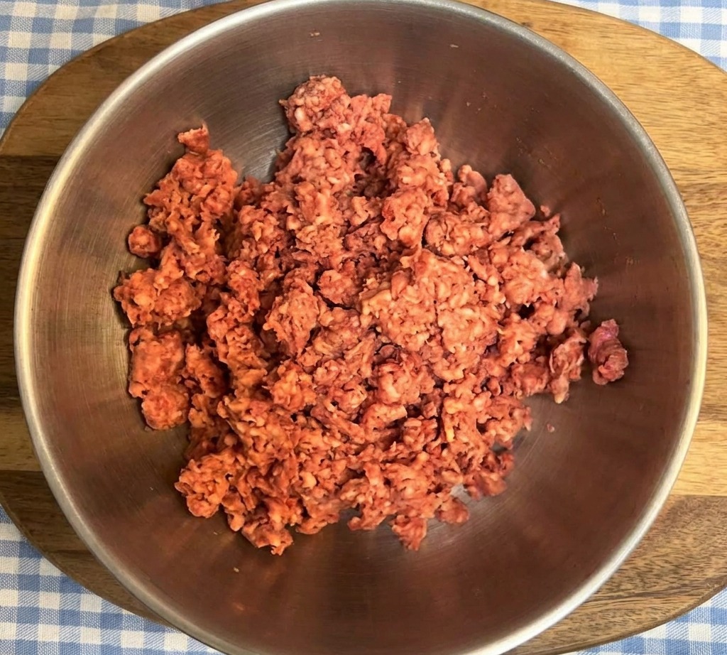 Frisches Rinderhackfleisch mit sichtbarer Fettmarmorierung in einer Metallschüssel auf einem Holzschneidebrett von oben.