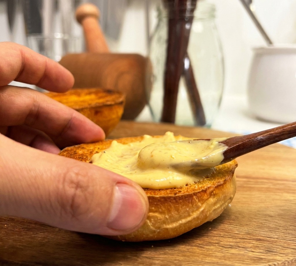 Eine Hand hält ein geröstetes Bun, während ein Holzlöffel eine dicke, cremige Burgersoße darauf verteilt.