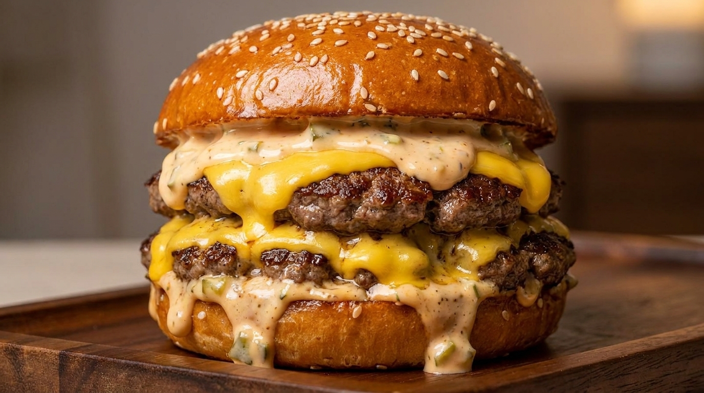 Ein imposanter Double Cheeseburger mit knusprigen Smash-Patties, zerlaufenem Käse und würziger Spezialsoße auf einem gerösteten Brioche-Bun.
