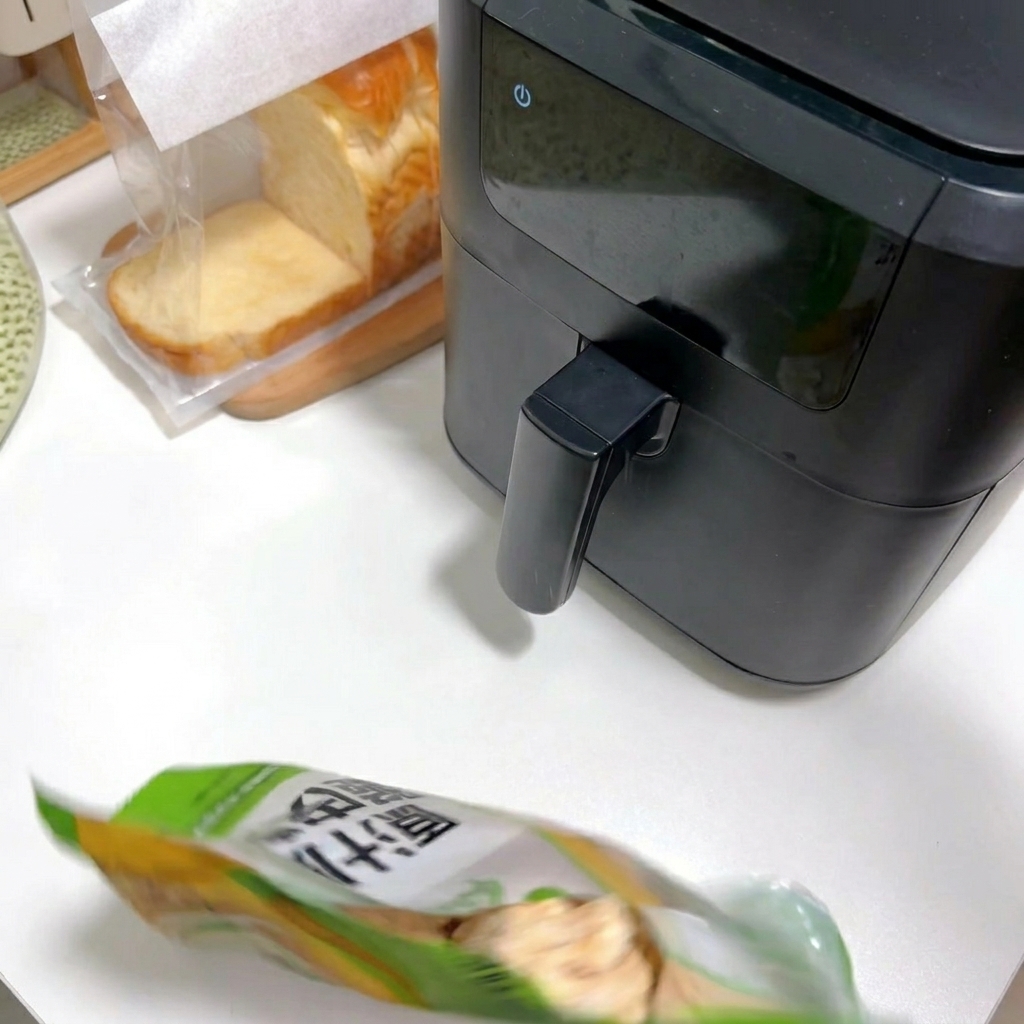Eine Person öffnet eine Packung mit tiefgekühltem paniertem Hähnchen auf einer weißen Arbeitsplatte neben einer Heißluftfritteuse.