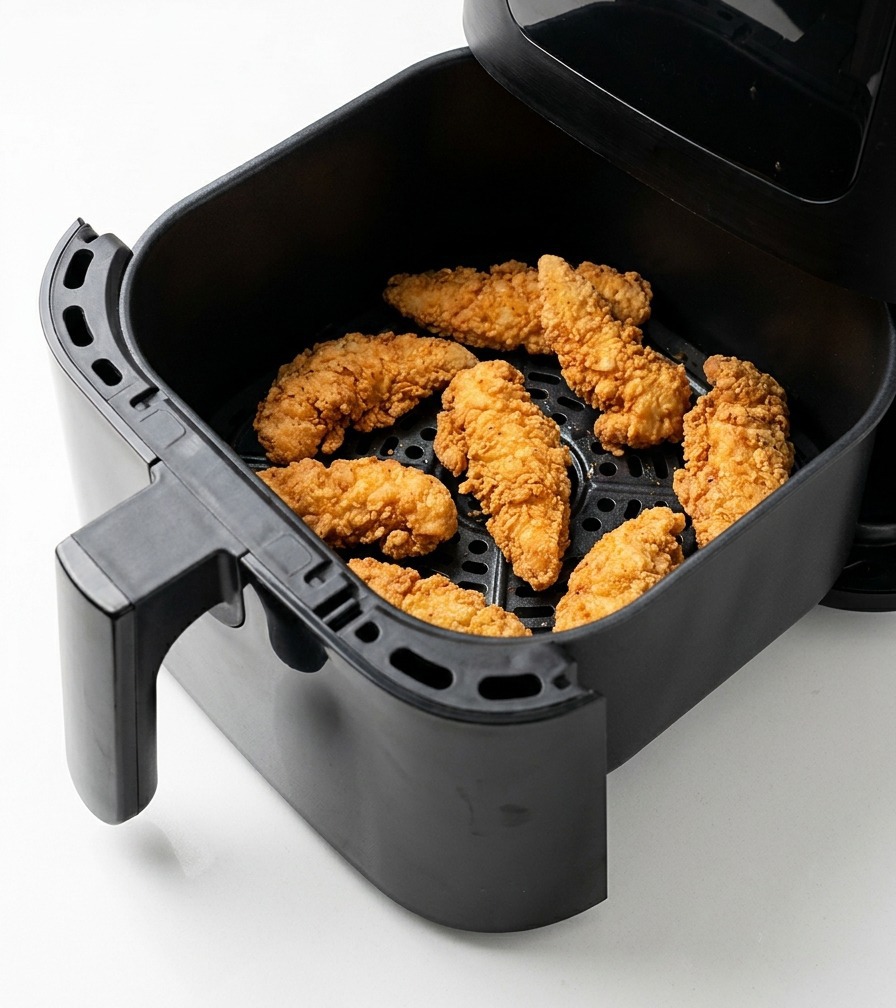 Goldbraun gebratene Hähnchenteile liegen in einem schwarzen Korb der Heißluftfritteuse.