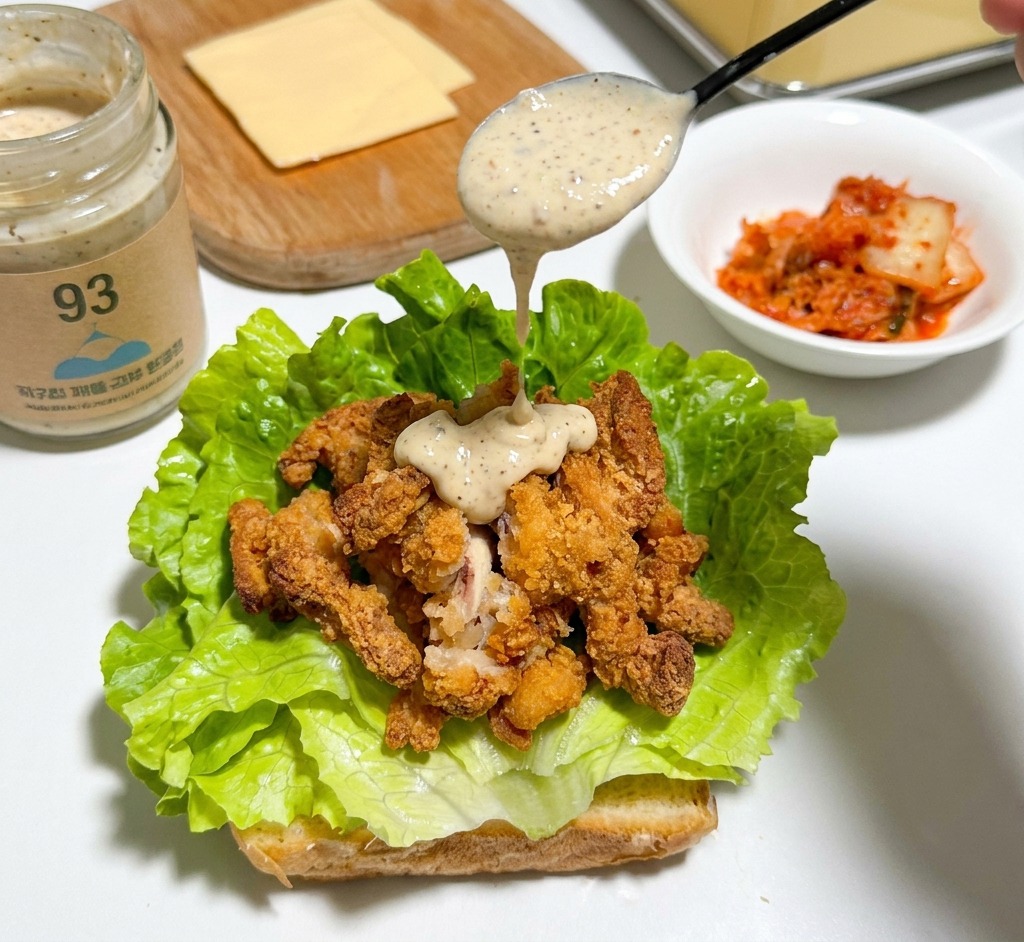 Ein Löffel gießt cremige Sauce über knusprige Hähnchenteile auf Salat.